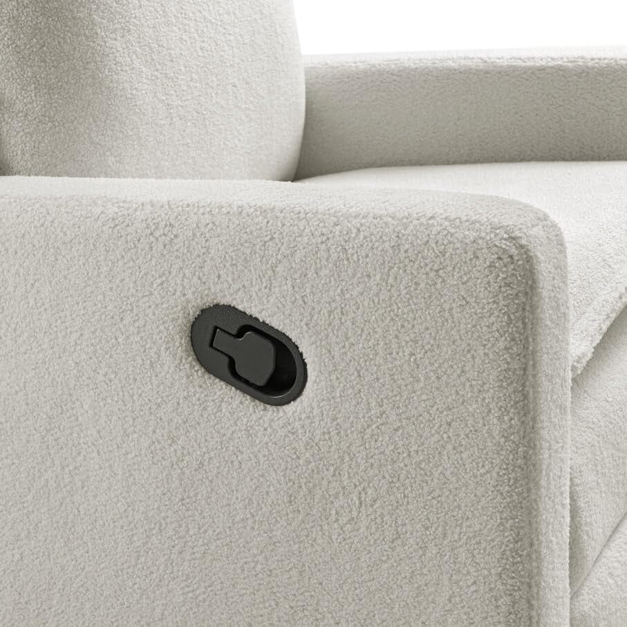Close-up of the recliner's arm showing textured boucle fabric and a black reclining lever.