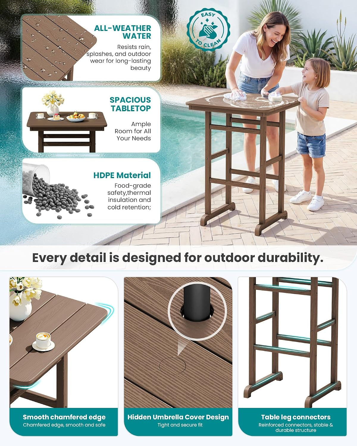 Woman and child wiping a small brown bar table by a pool, surrounded by product feature panels and close-up details.