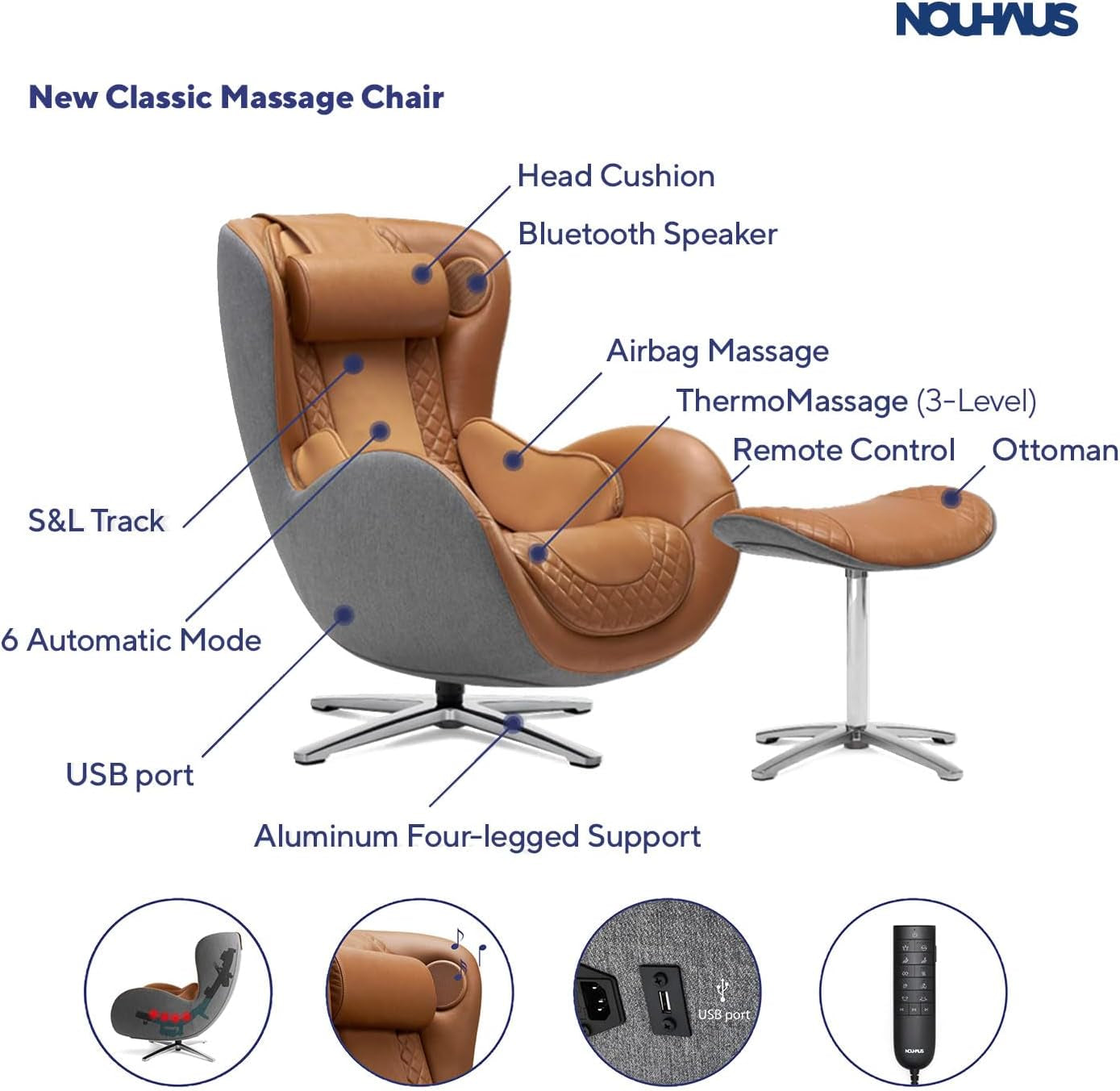 Caramel-and-gray massage chair with matching ottoman shown with labeled callouts and circular feature icons.
