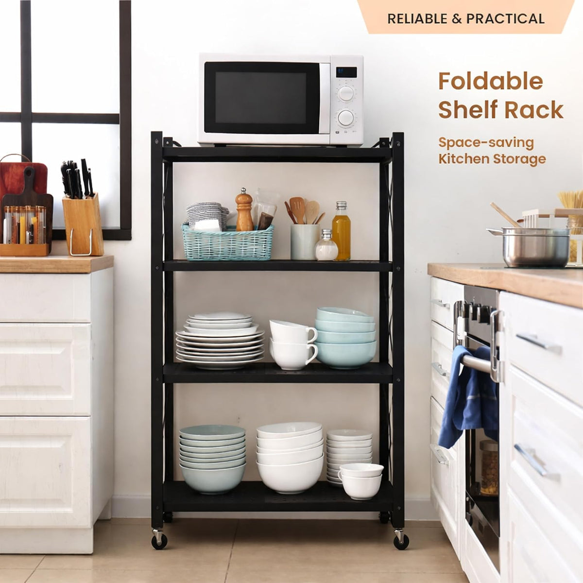 Black 4-tier shelf in a kitchen with a microwave on top and stacked dishes on the shelves.