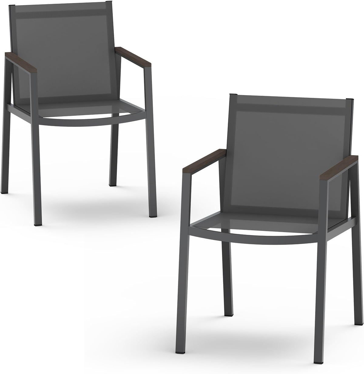 Two charcoal-framed outdoor chairs with dark mesh seats and wood-tone arm caps shown from front and side.