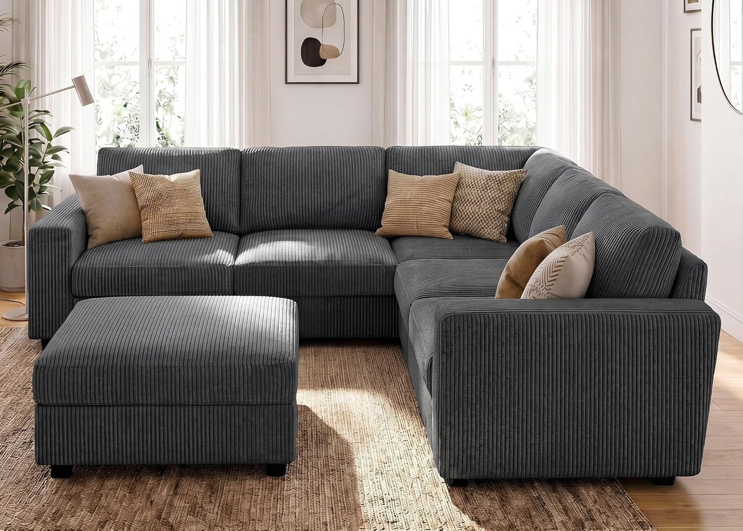 Sectional Sofa, 6 Seater L-Shaped Sectional Couch with Storage Ottoman for Living Room, Dark Grey