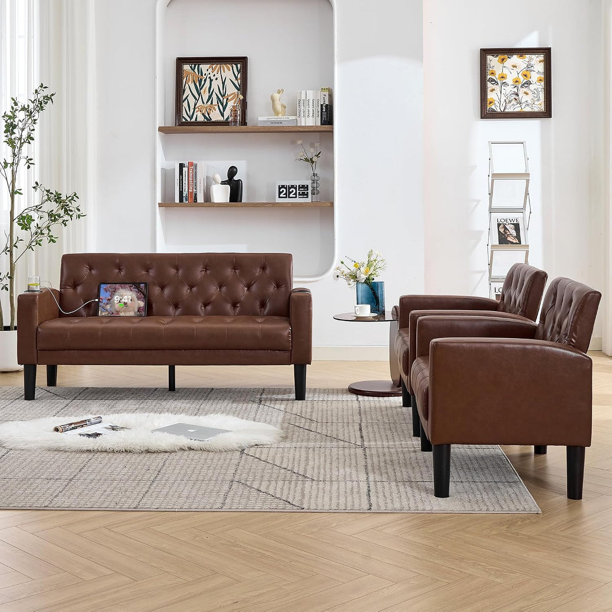 Close-up of brown tufted loveseat seat showing stitched button tufting and textured upholstery