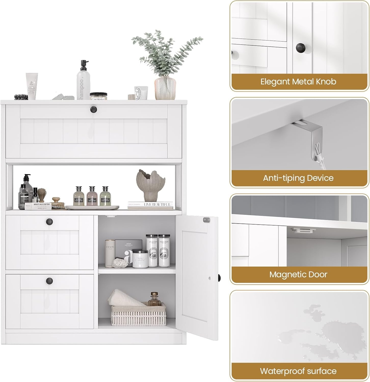 White beadboard cabinet with close-up callouts for metal knob, anti-tipping device and waterproof surface