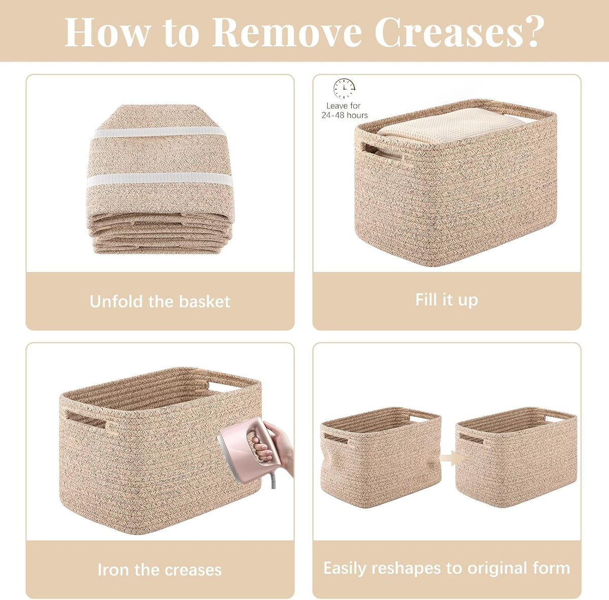 Step-by-step product demo showing the basket folded flat, then filled and ironed to remove creases