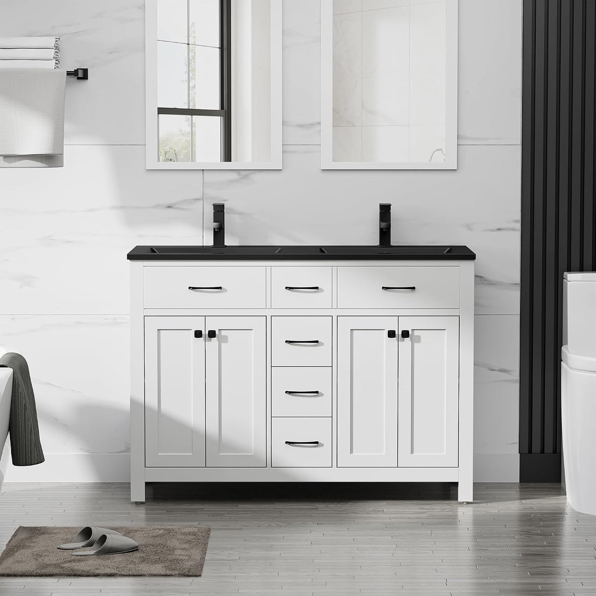 Wide double-sink vanity with two faucets and three central drawers, shown under two mirrors.