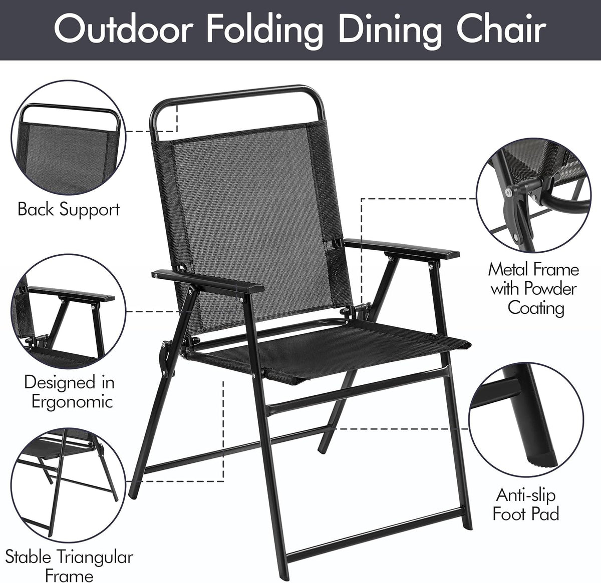 Single black folding chair shown front-on with circular callouts highlighting back support, armrest, frame joints and foot