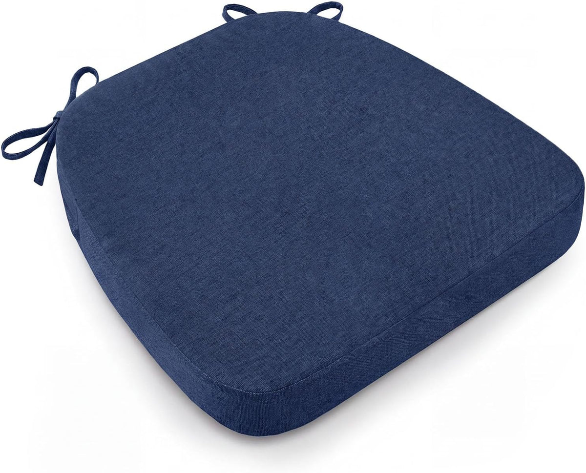 Single navy blue D-shaped chair pad shown at a slight angle on white background, twin ties at the rear.