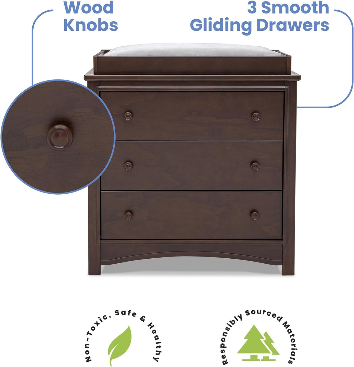 Front view of three-drawer dresser with wood knobs and inset magnified view of a round knob.