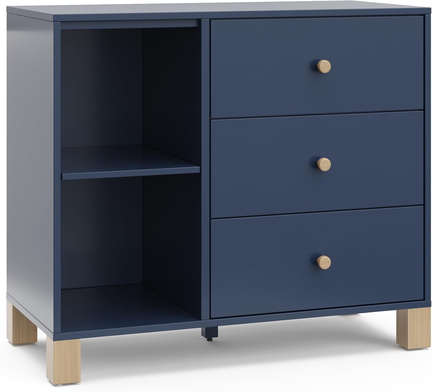 Three-drawer navy dresser with open left shelving, round wood knobs and natural wood legs.