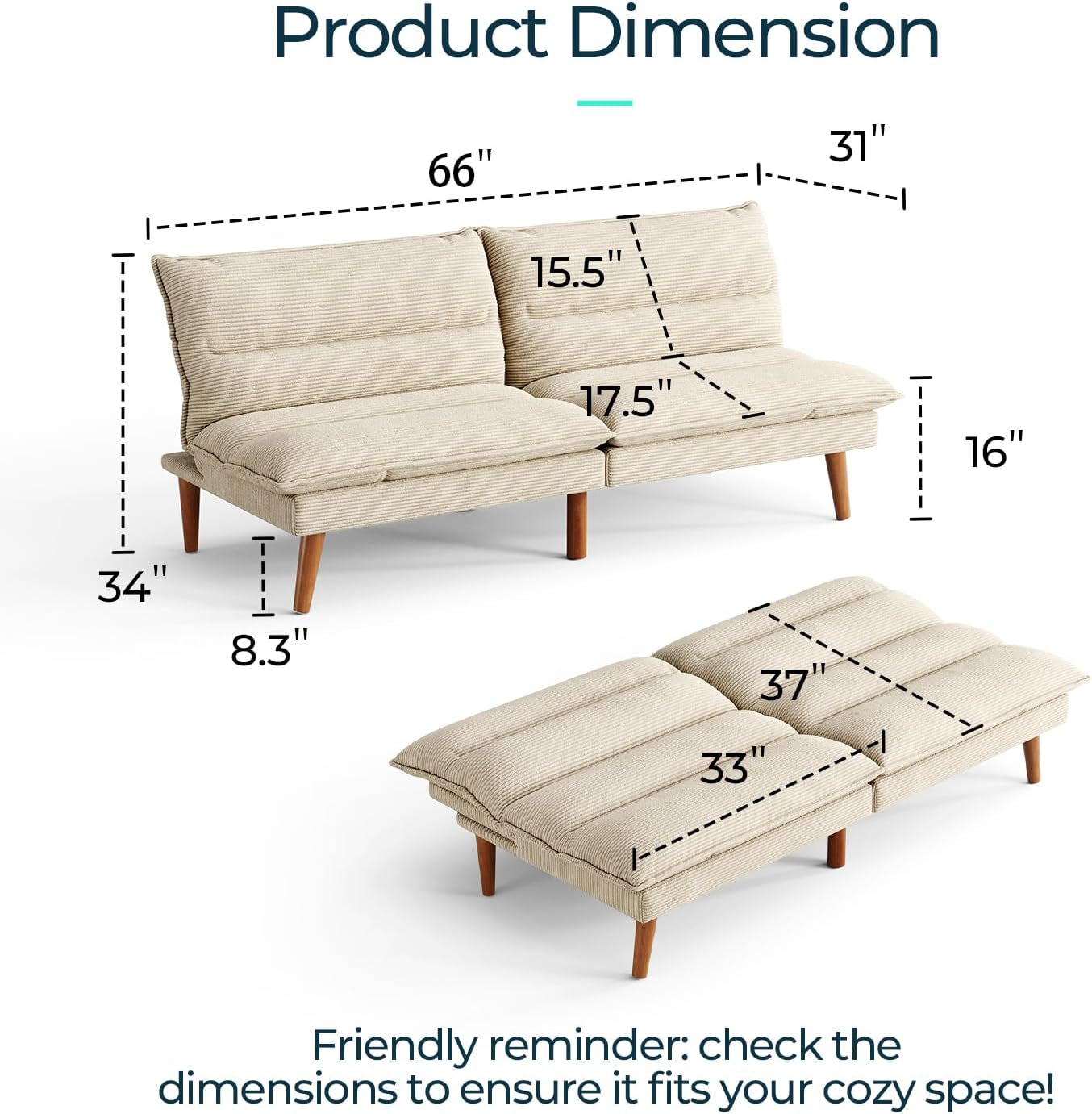 Rendered dimensions graphic showing a beige futon with measurement callouts and a bed configuration illustration