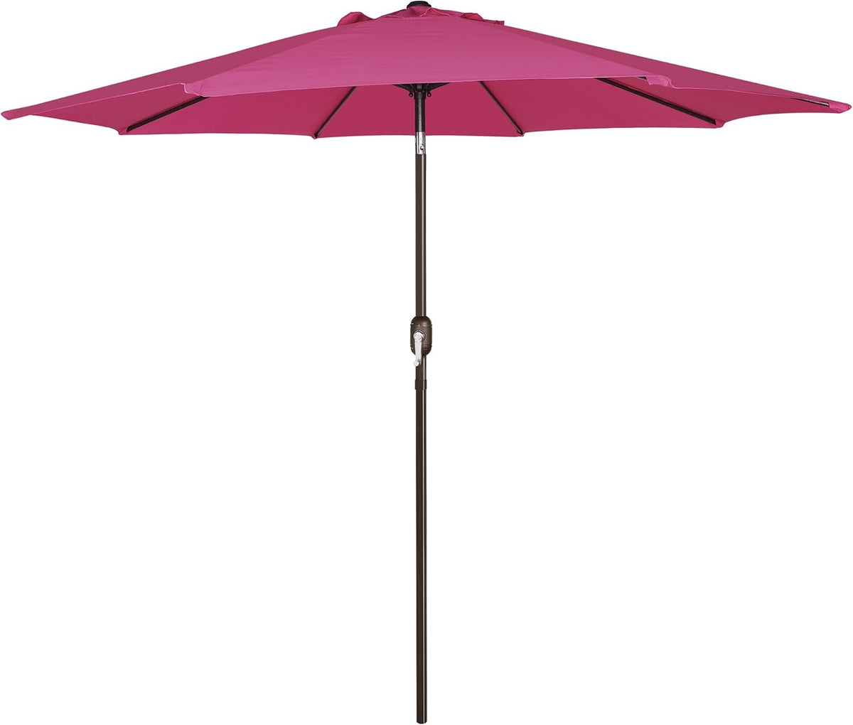 Front view of a magenta patio umbrella showing canopy, ribs, and a brown pole with crank.