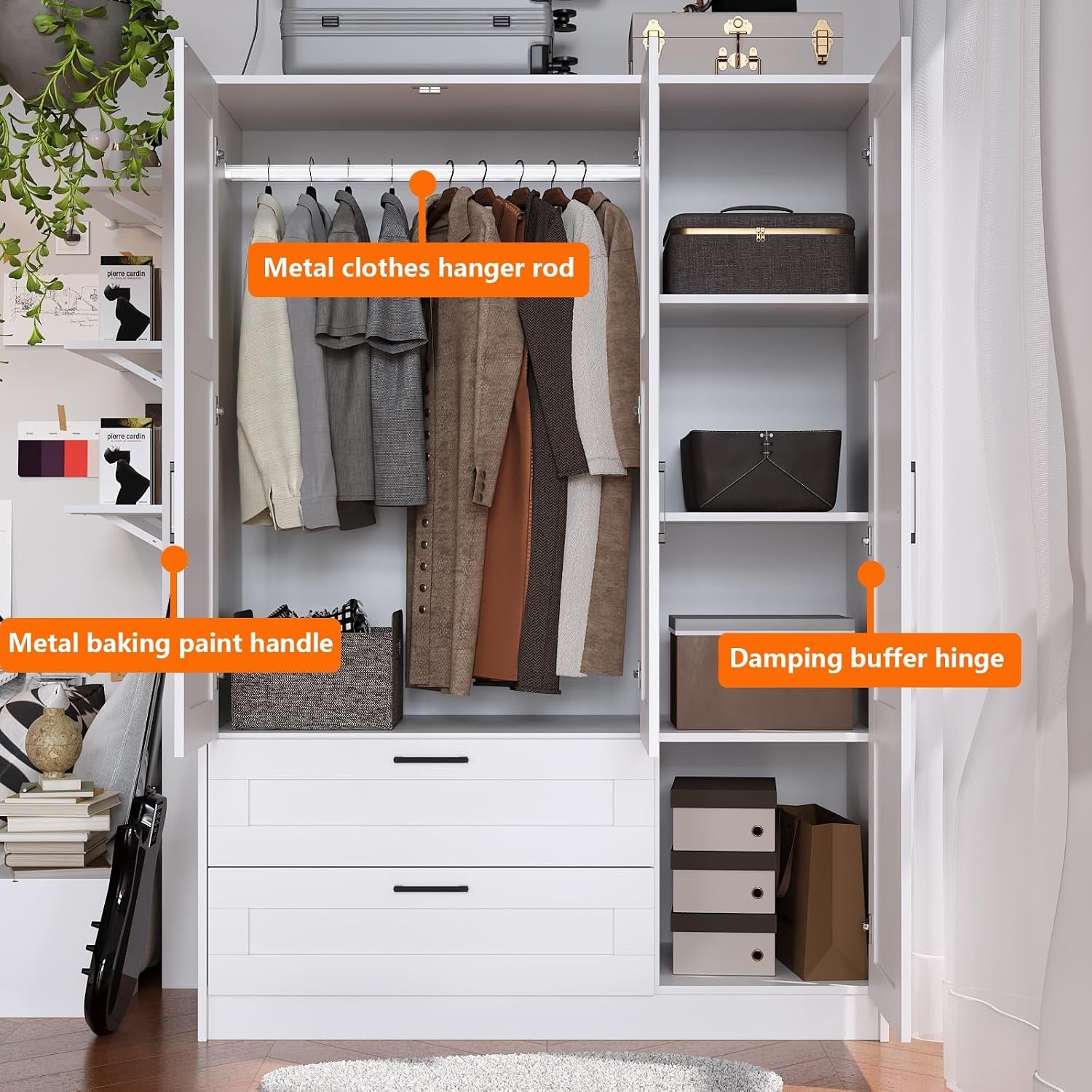 Open wardrobe showing metal clothes rod with hanging garments and partitioned shelves with damping hinge labels