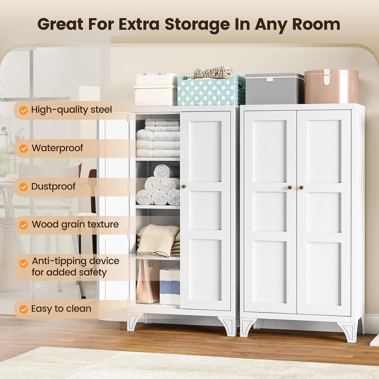 Two white storage cabinets shown closed and open with feature callouts for waterproof and dustproof finish