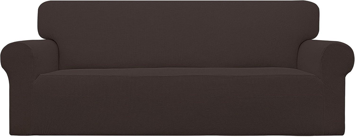 Front-facing two-seat loveseat shown in a deep charcoal textured stretch cover