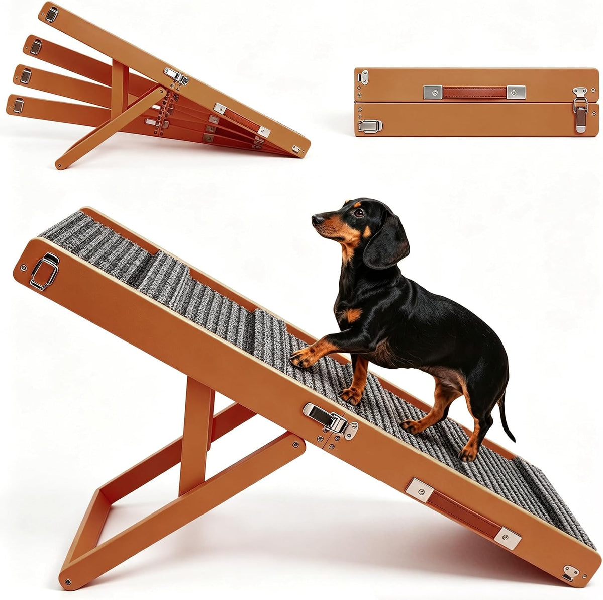 Tan ramp in profile showing stepped support legs, close metal hardware and a dachshund on the textured strip