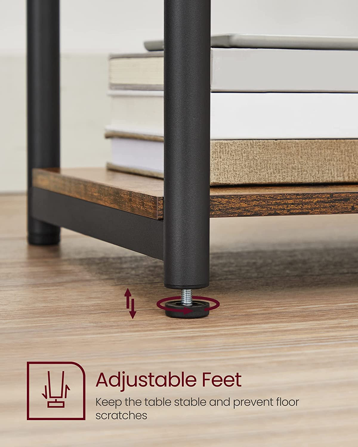 Close-up of a black metal leg with an adjustable plastic glide under a wood shelf on a wood floor.