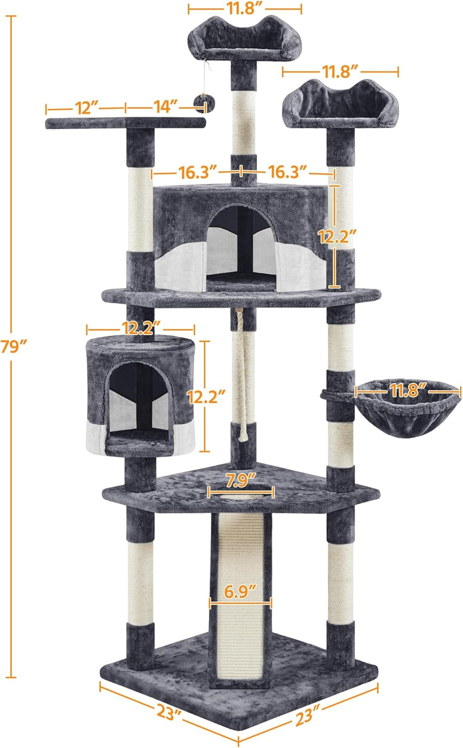 Tall cat tree with overlaid dimension callouts showing perch and condo measurements