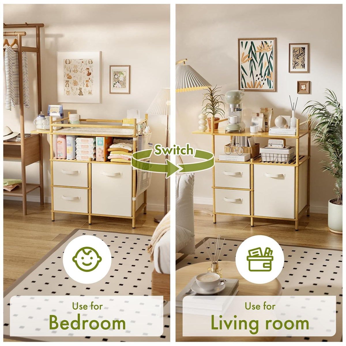 Split image showing the unit used as a baby changing station (left) and as an entry/living room organizer (right)