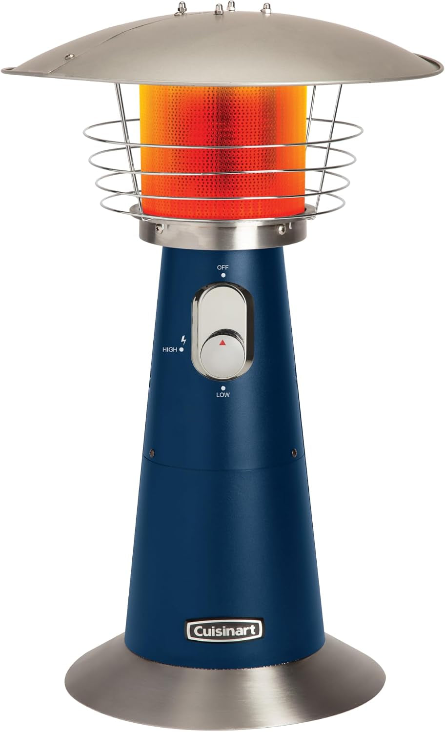 Front view of a tabletop patio heater with a navy blue conical base and illuminated burner tube