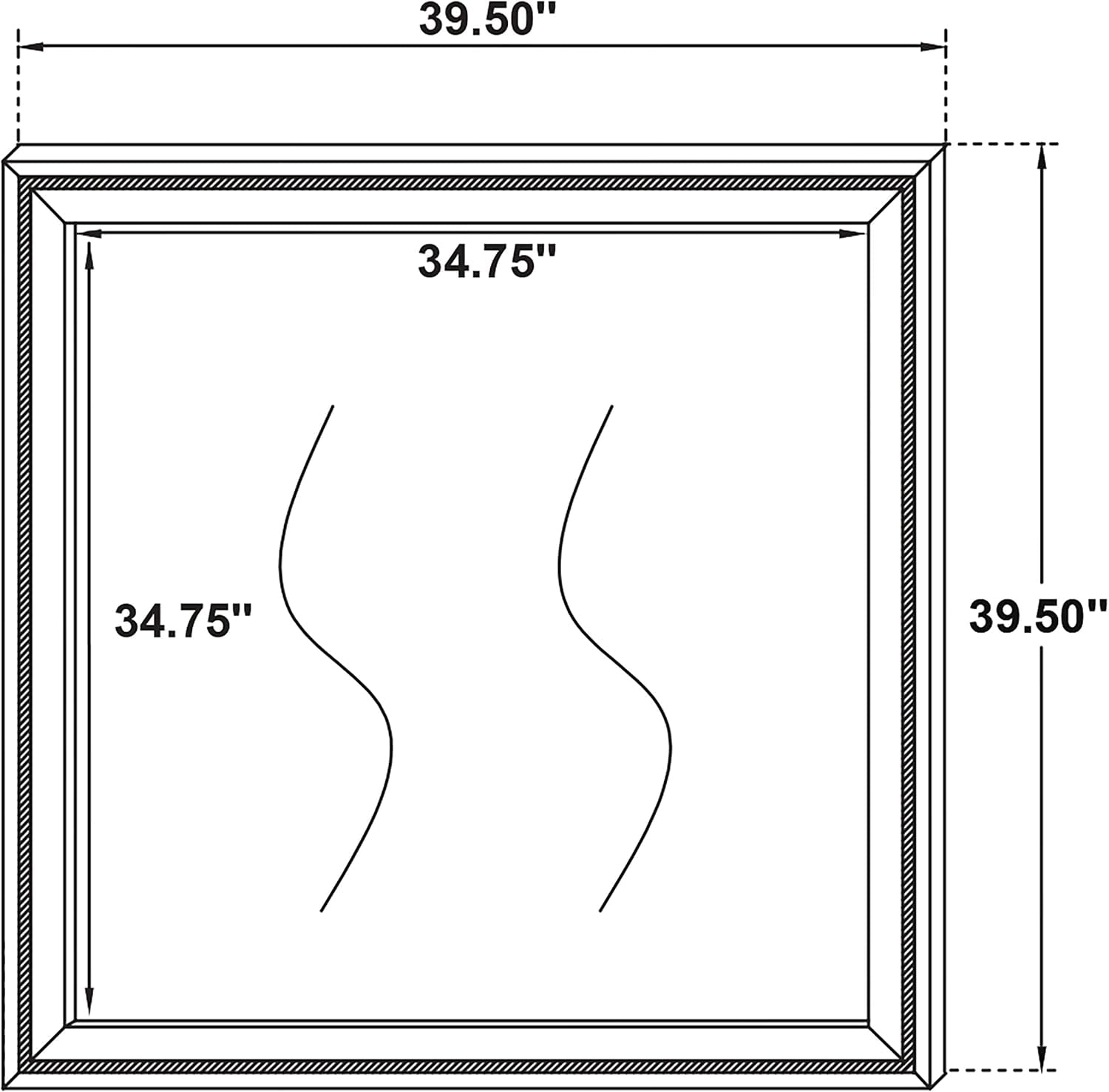 Front elevation line drawing of a square framed mirror with dimensional callouts.