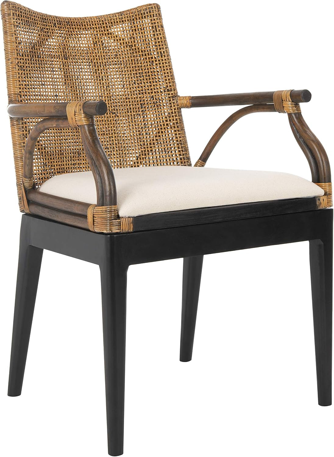 Rattan arm chair with black tapered legs and light fabric cushion angled front view