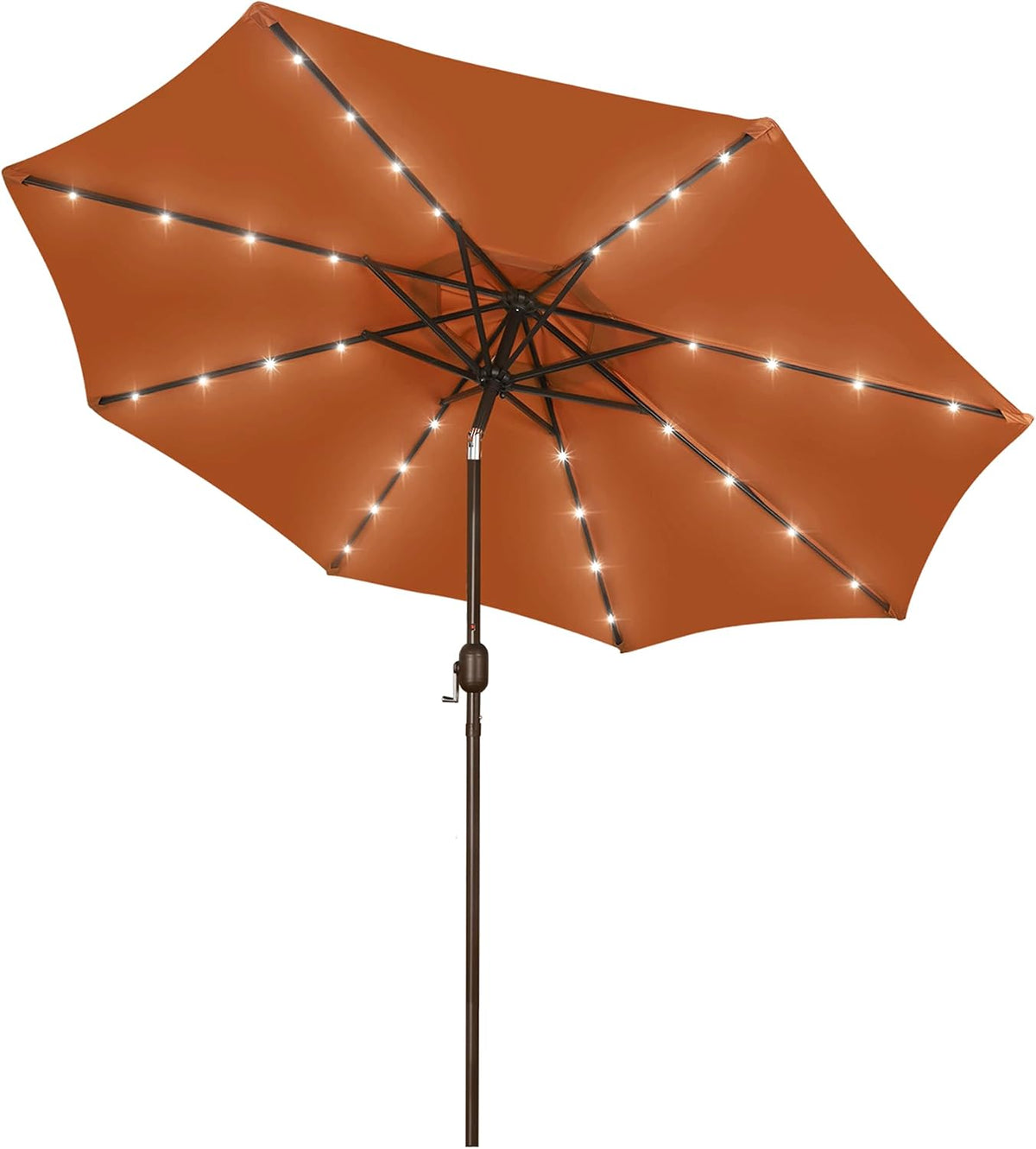 Terracotta-orange patio umbrella open, illuminated by LED lights on the ribs and showing tilt/crank pole.