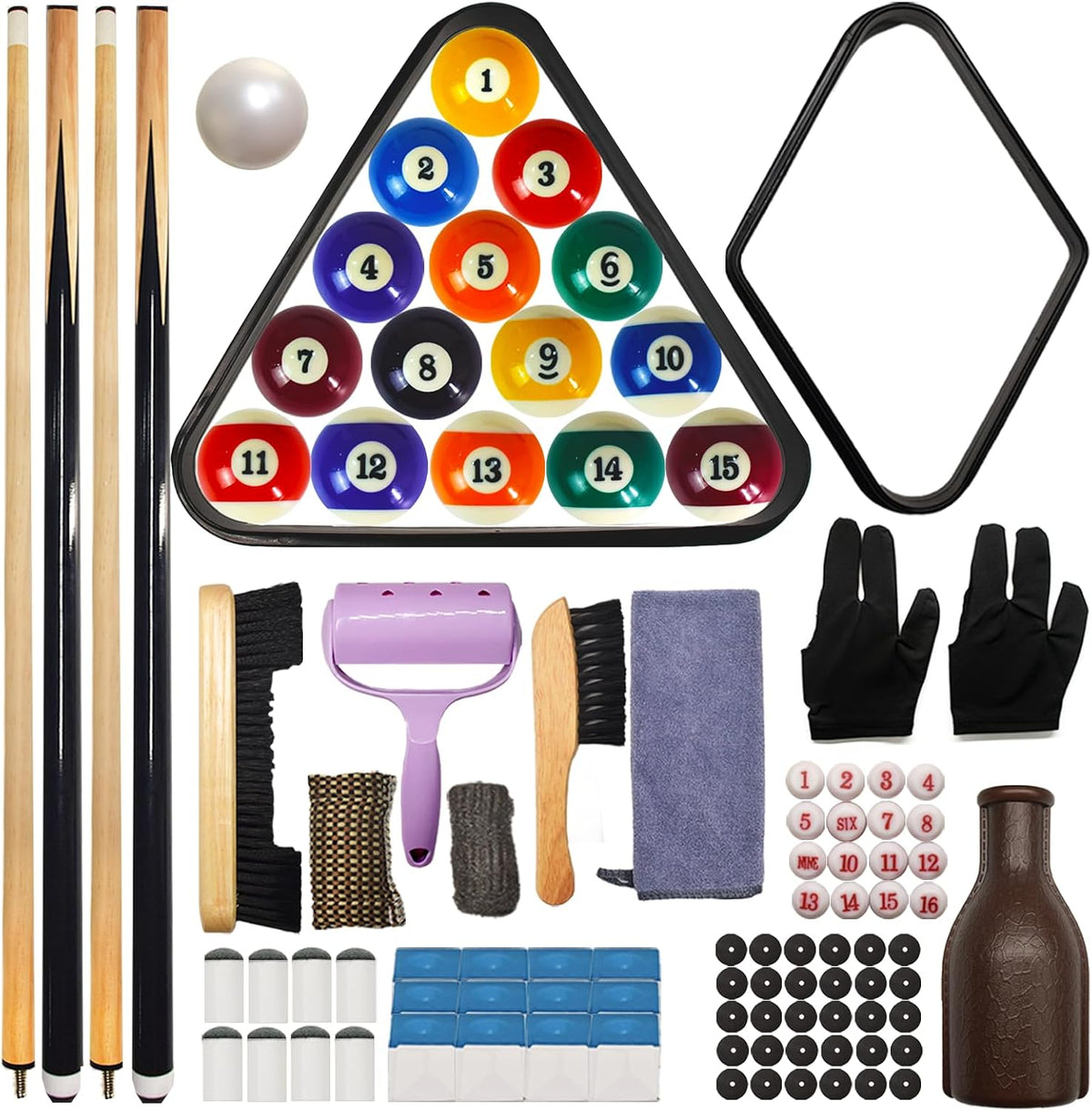 Top-down layout of pool table accessories with multicolored numbered billiard balls in a triangle, cue sticks, racks and care