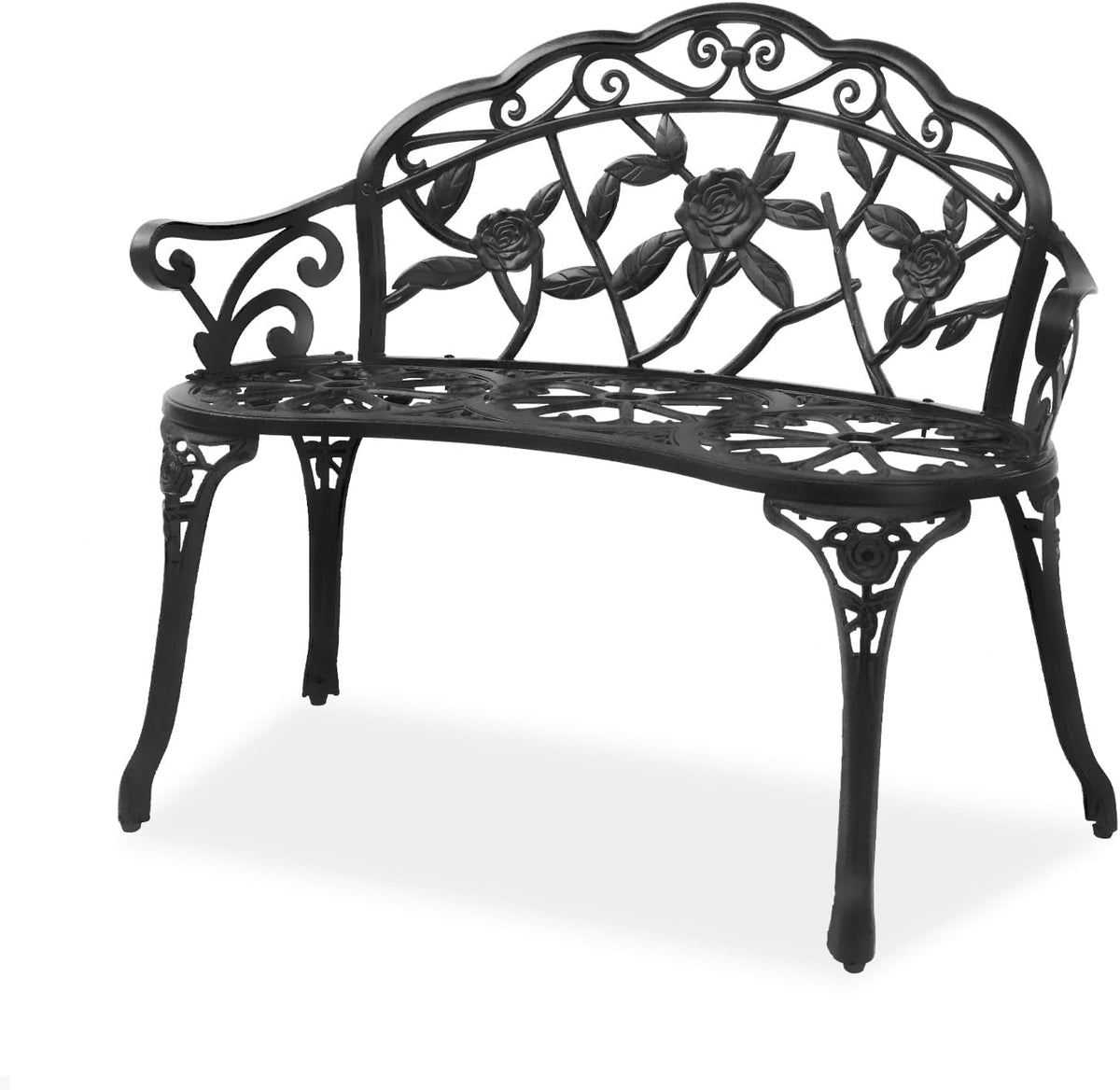Three-quarter view of a dark metal two-person bench with rose-and-leaf backrest and decorative seat.