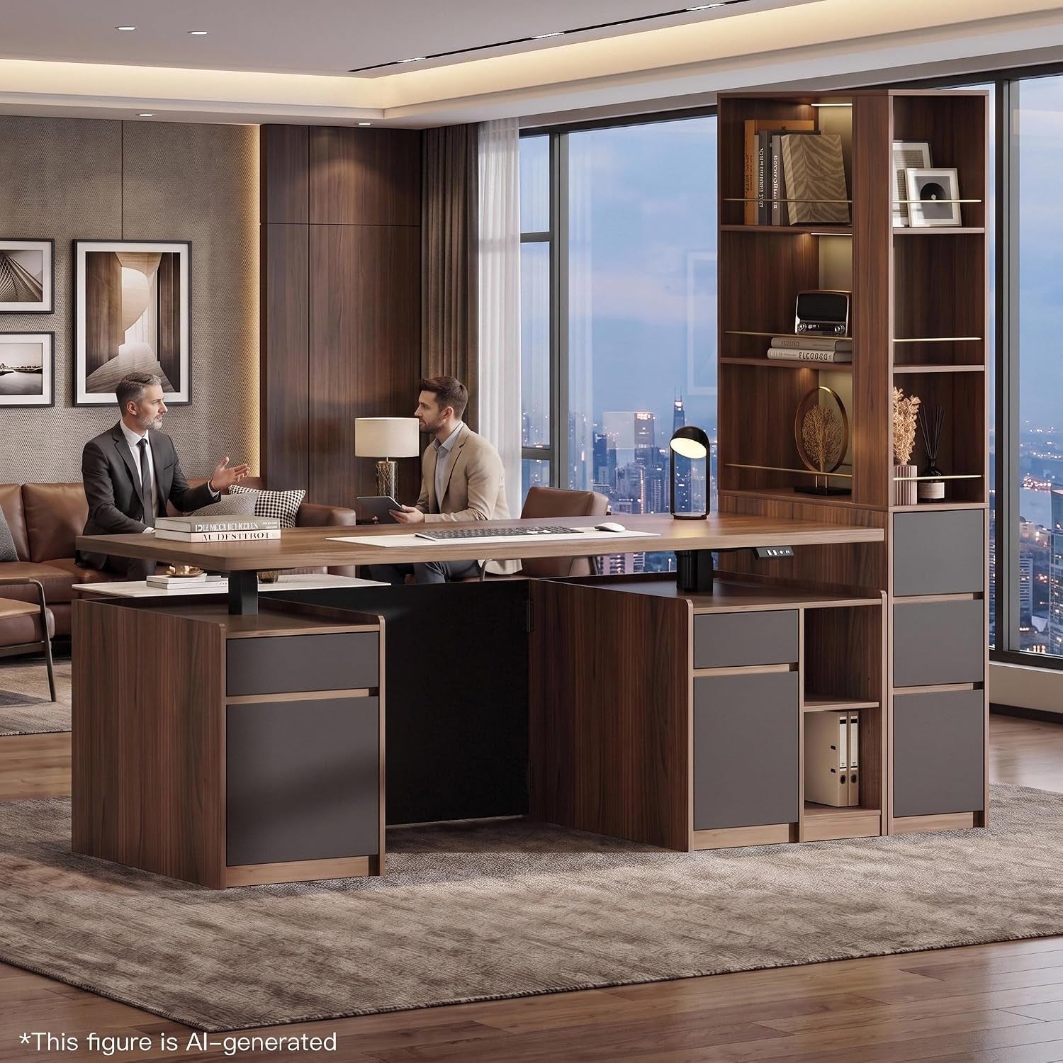 Wide view of 71-inch walnut desk with matching tall bookcase in executive office with city skyline through windows