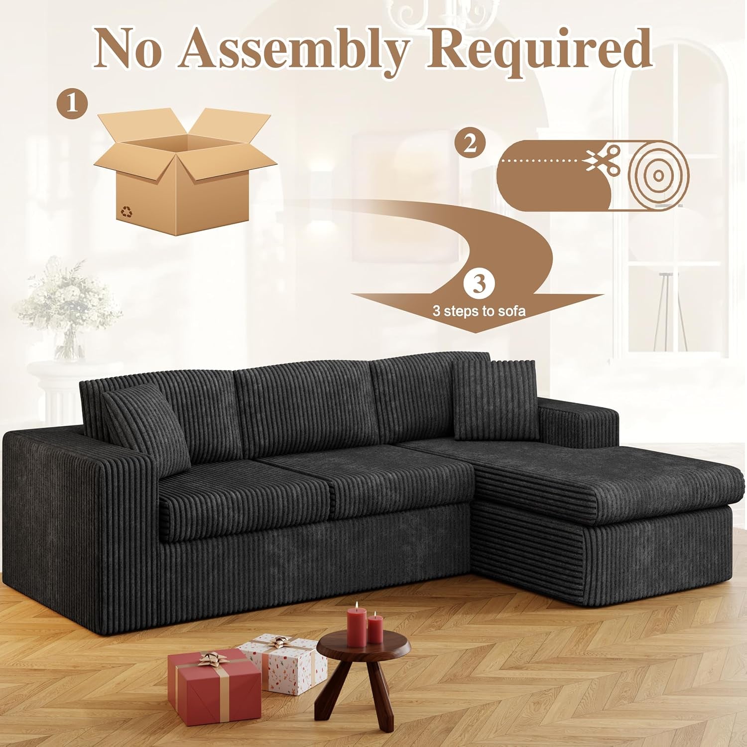 105" Boneless Couches for Living Room Modular Sectional Sofa L-Shape Couch with Oversized Chaise, Cloud Couch Deep Seat Memory Foam Upholstered for Bedroom, Plush Corduroy Fabric,Night Black