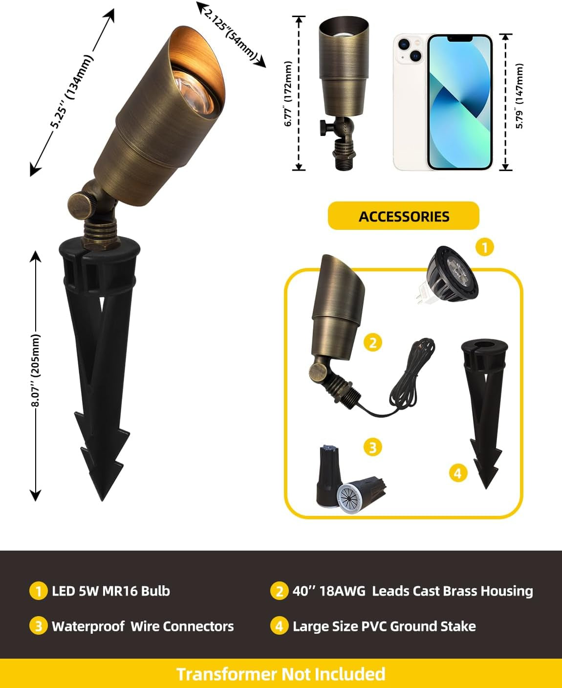 Dimension and accessories diagram showing fixture length, ground stake height and accessory icons