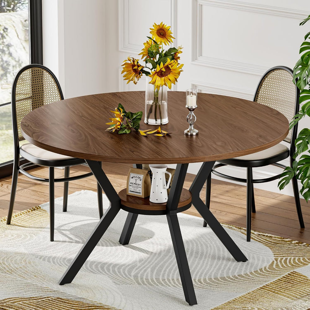 Round 42-inch wood-finish tabletop angled front view showing black X-shaped base and lower shelf