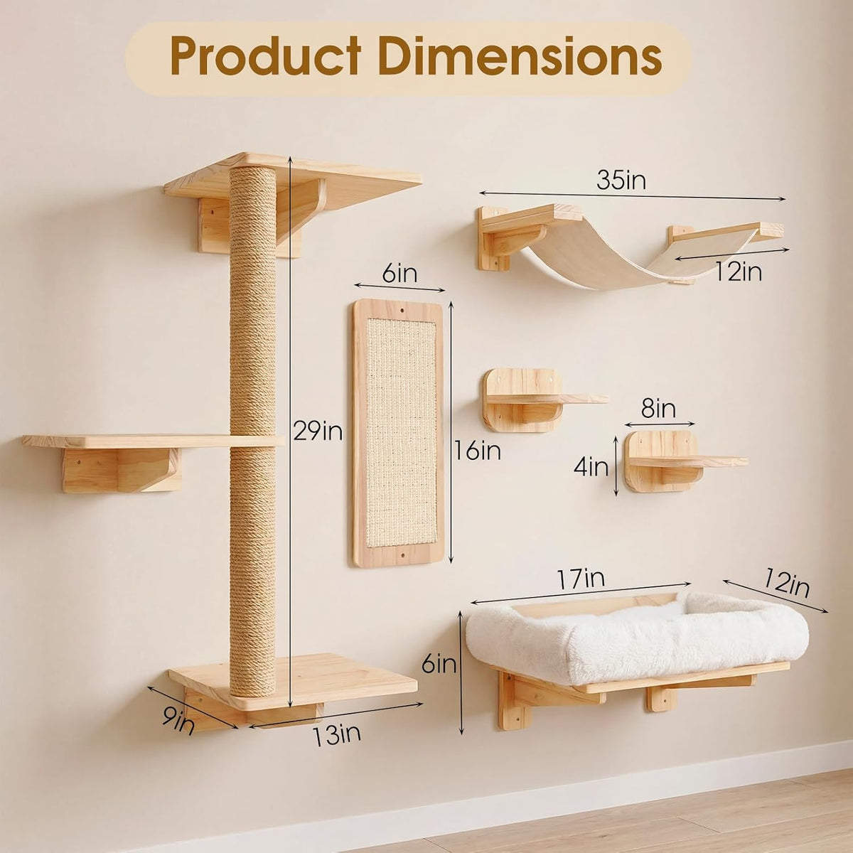 Close view of the wooden shelves, hammock, scratching panel and tall sisal post with measurement arrows over a pale wall