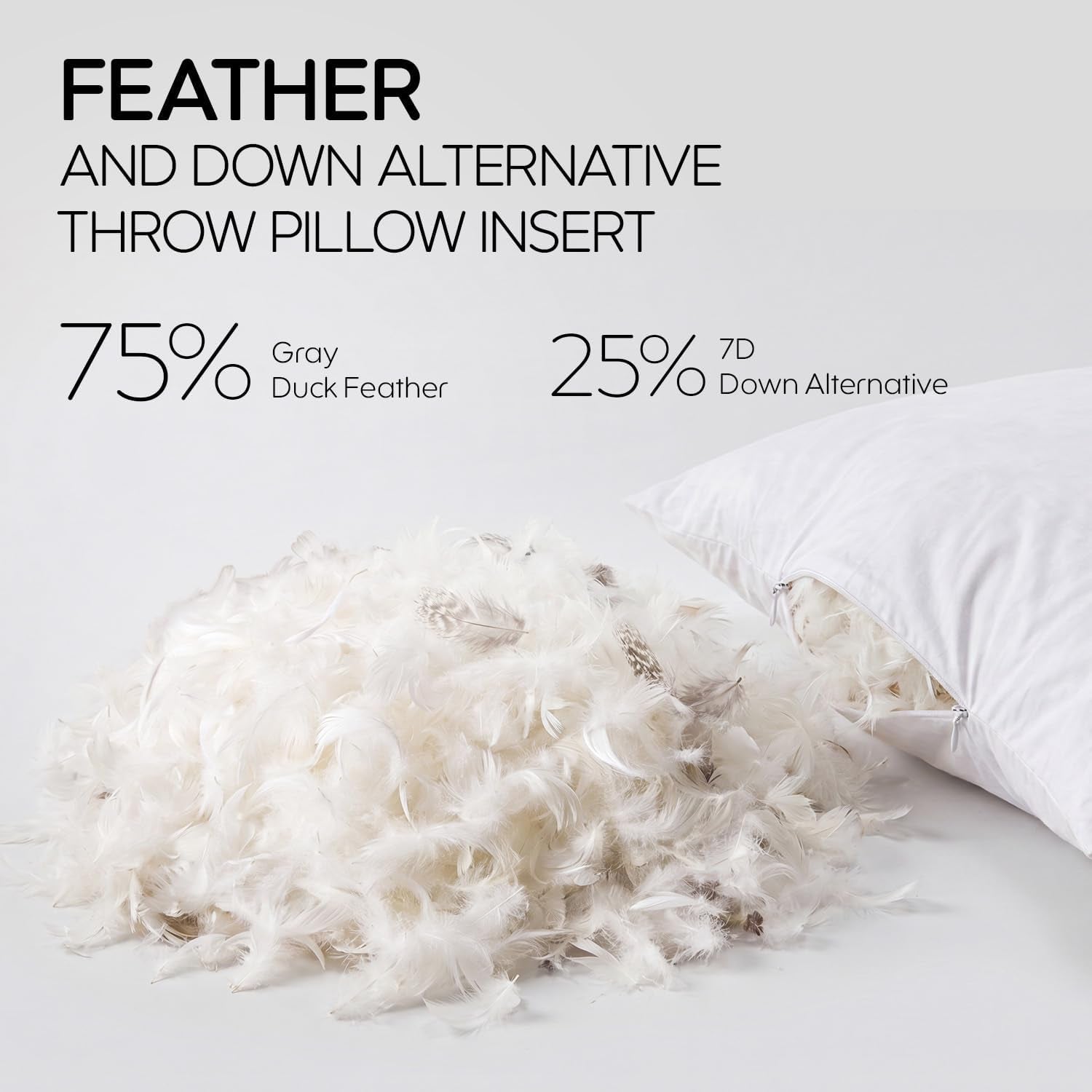 Pile of white feathers next to an open pillow illustrating the 75% feather and 25% microfiber blend