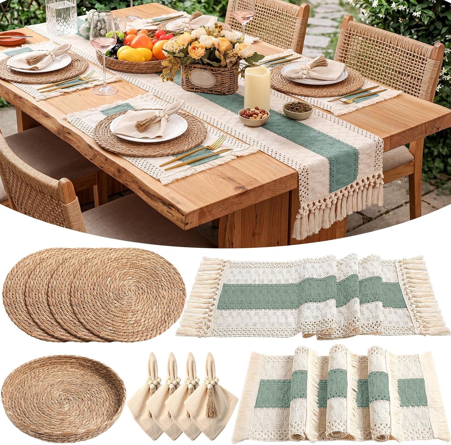 Outdoor wooden table with braided placemats and a cream runner that has a muted green center stripe