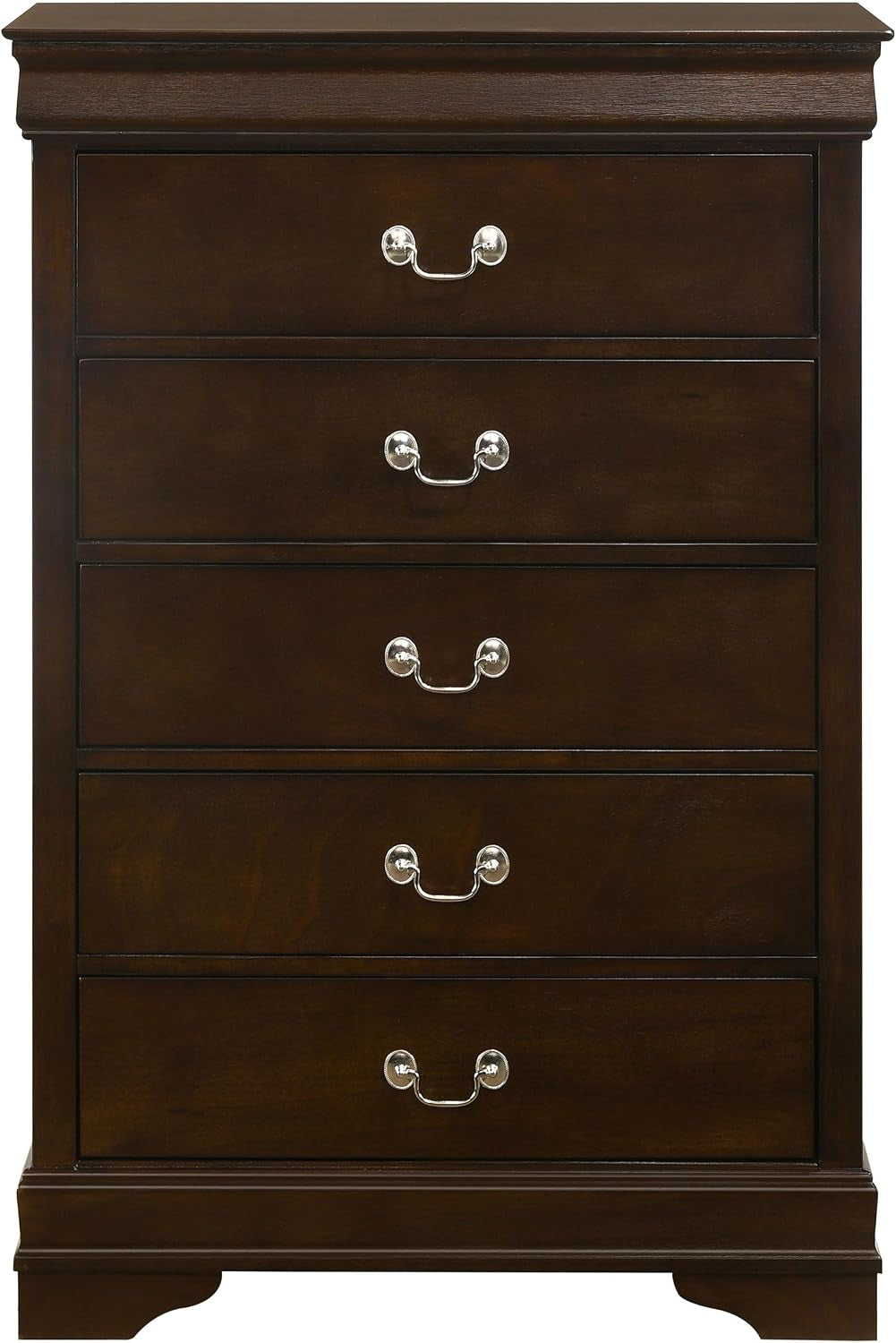 Straight-on front view of the tall wooden chest showing five aligned drawers and decorative base.