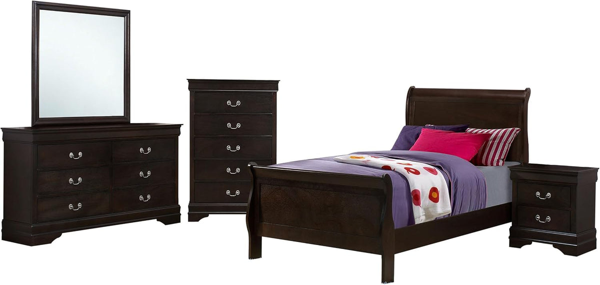 Staged bedroom with a dark wooden sleigh bed, matching dresser with mirror, tall chest, and nightstand arranged on a white