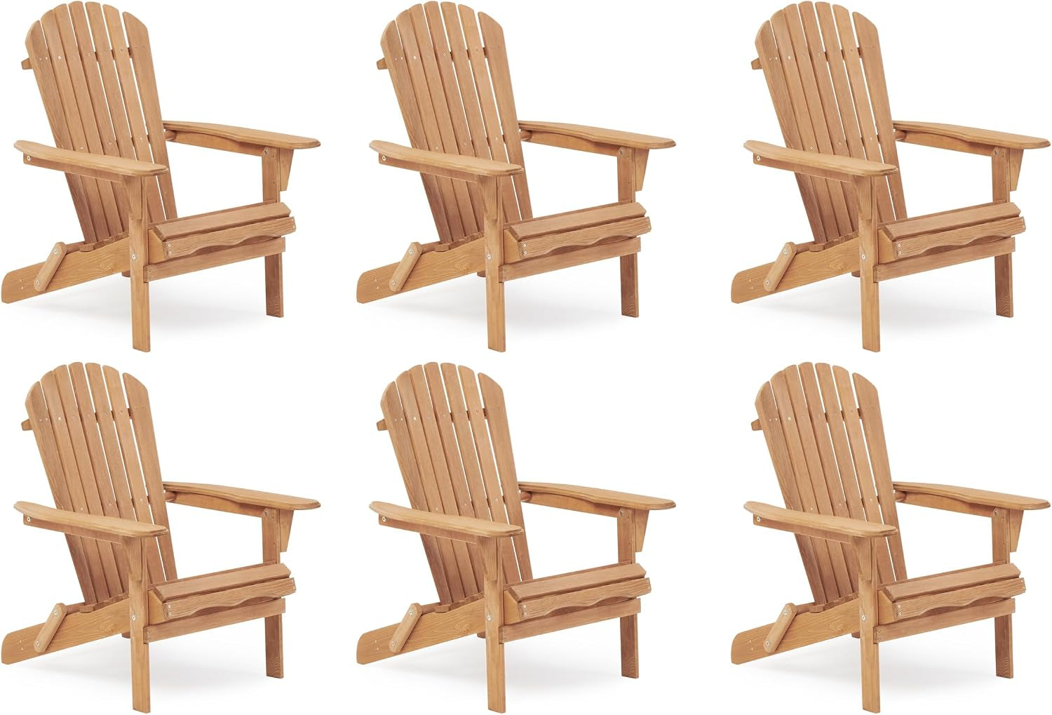 Six light natural hemlock Adirondack chairs shown in a repeating grid on a white background, three-quarter front angle.