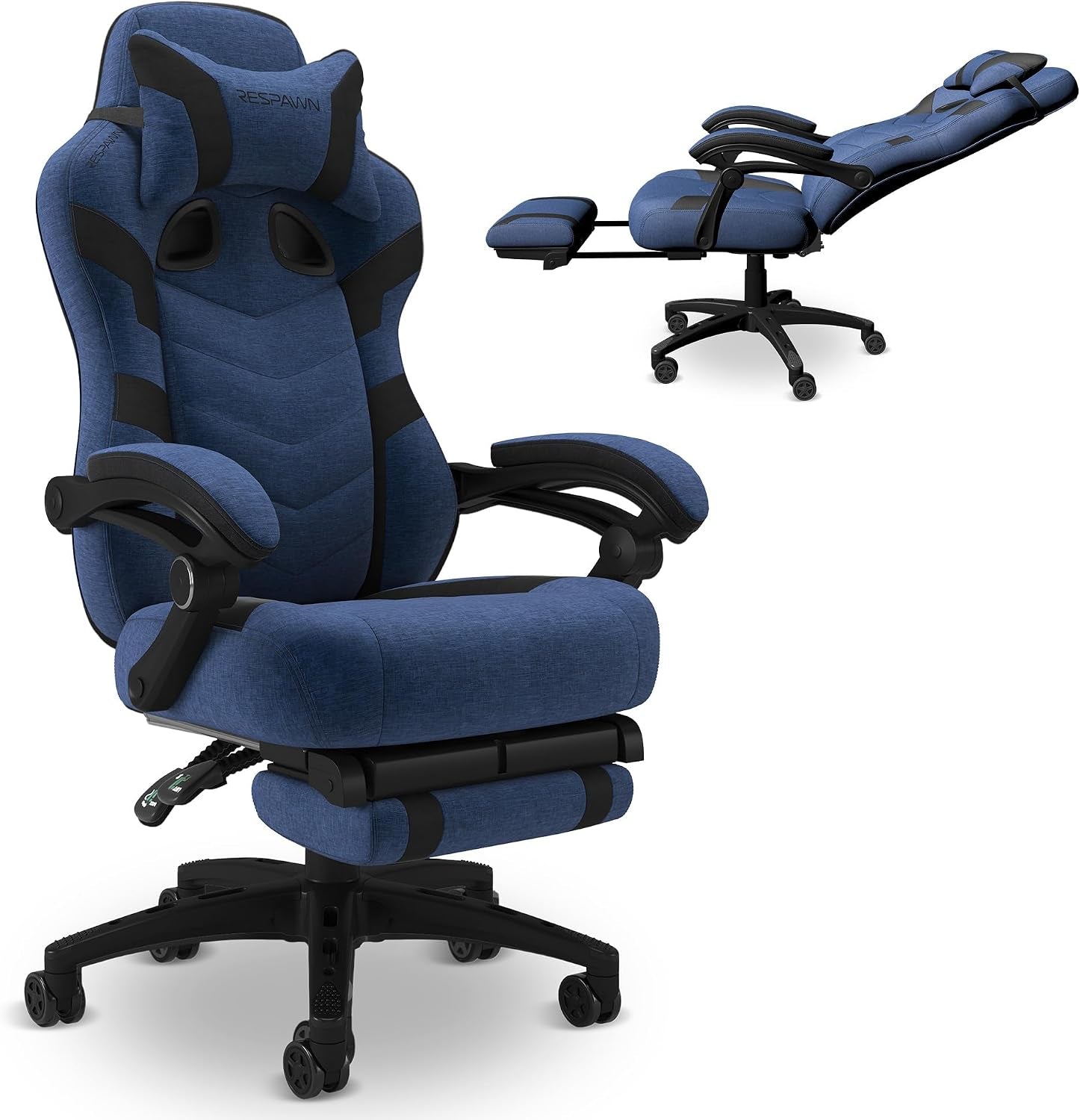 Blue fabric chair angled to show textured upholstery and plush seat with inset showing extended footrest.