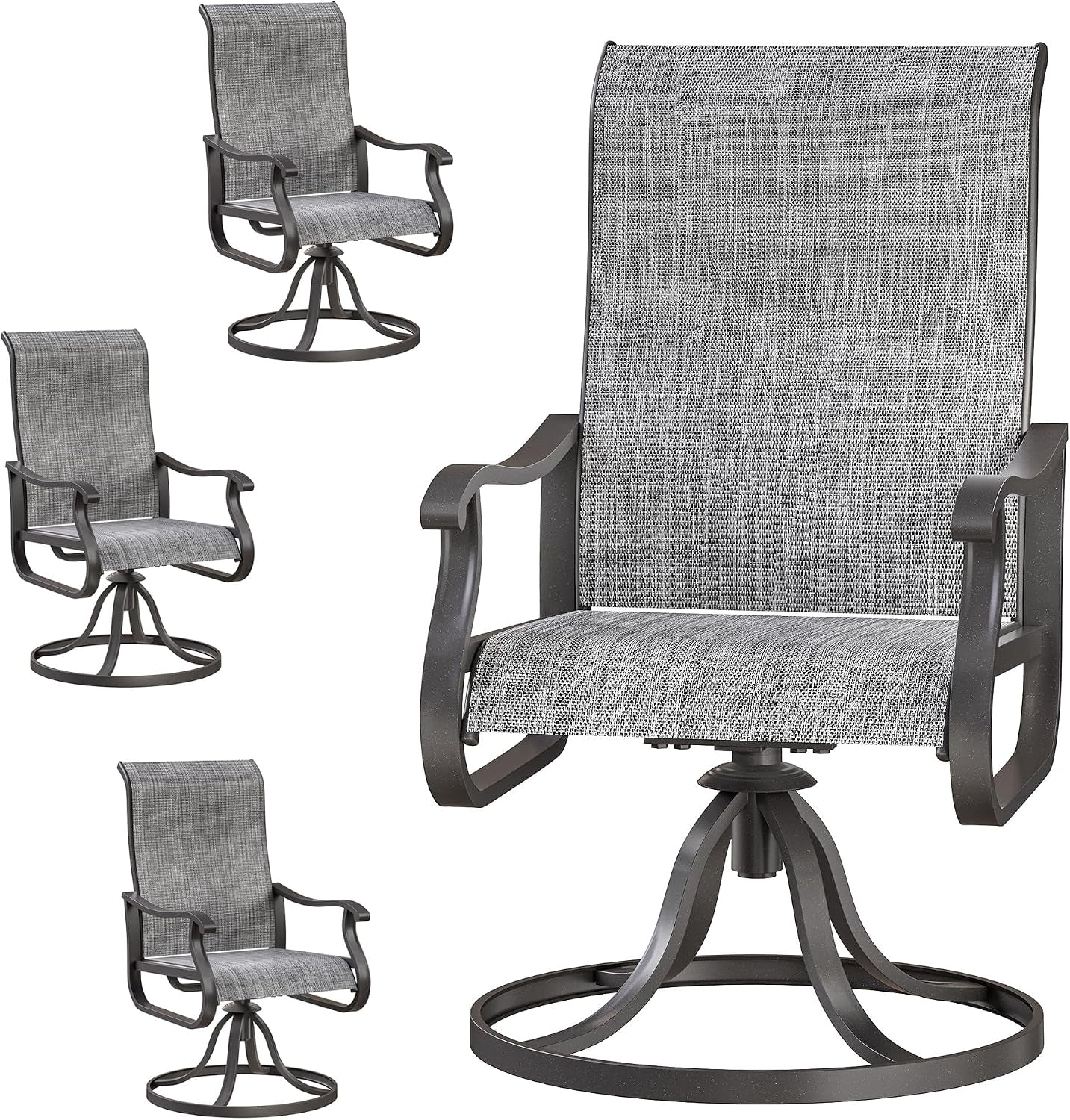 Large front view of a gray-textilene swivel rocking chair with circular base and three smaller angle views around it