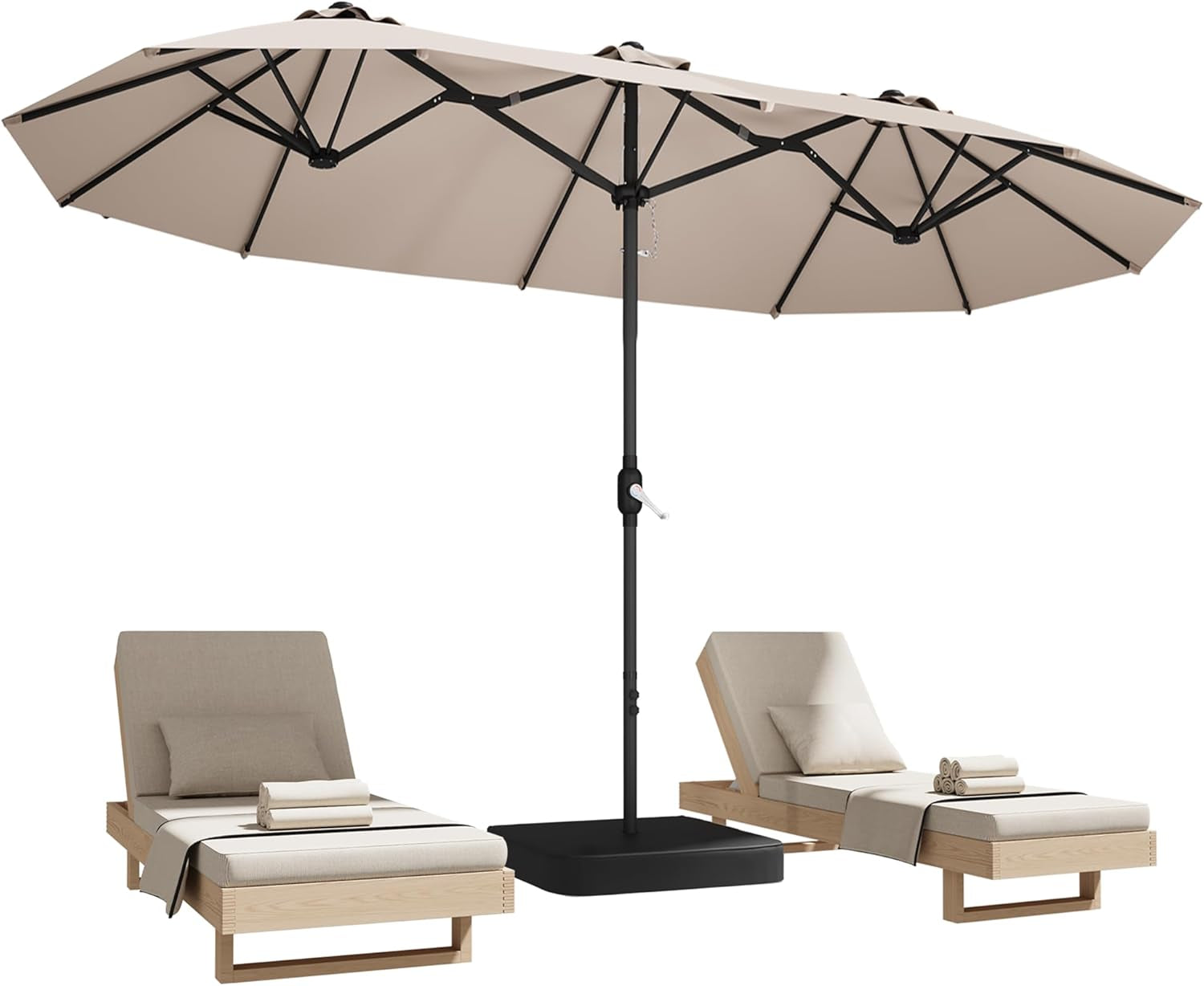 Beige rectangular patio umbrella open over two chaise lounges with black square base visible