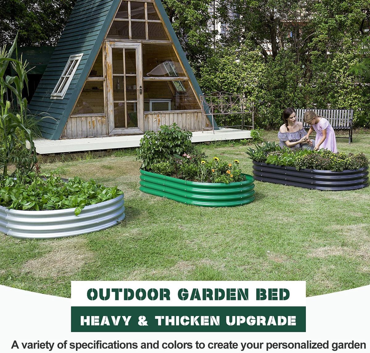 Several finished raised beds in silver, green and black on a lawn with a woman and child gardening nearby