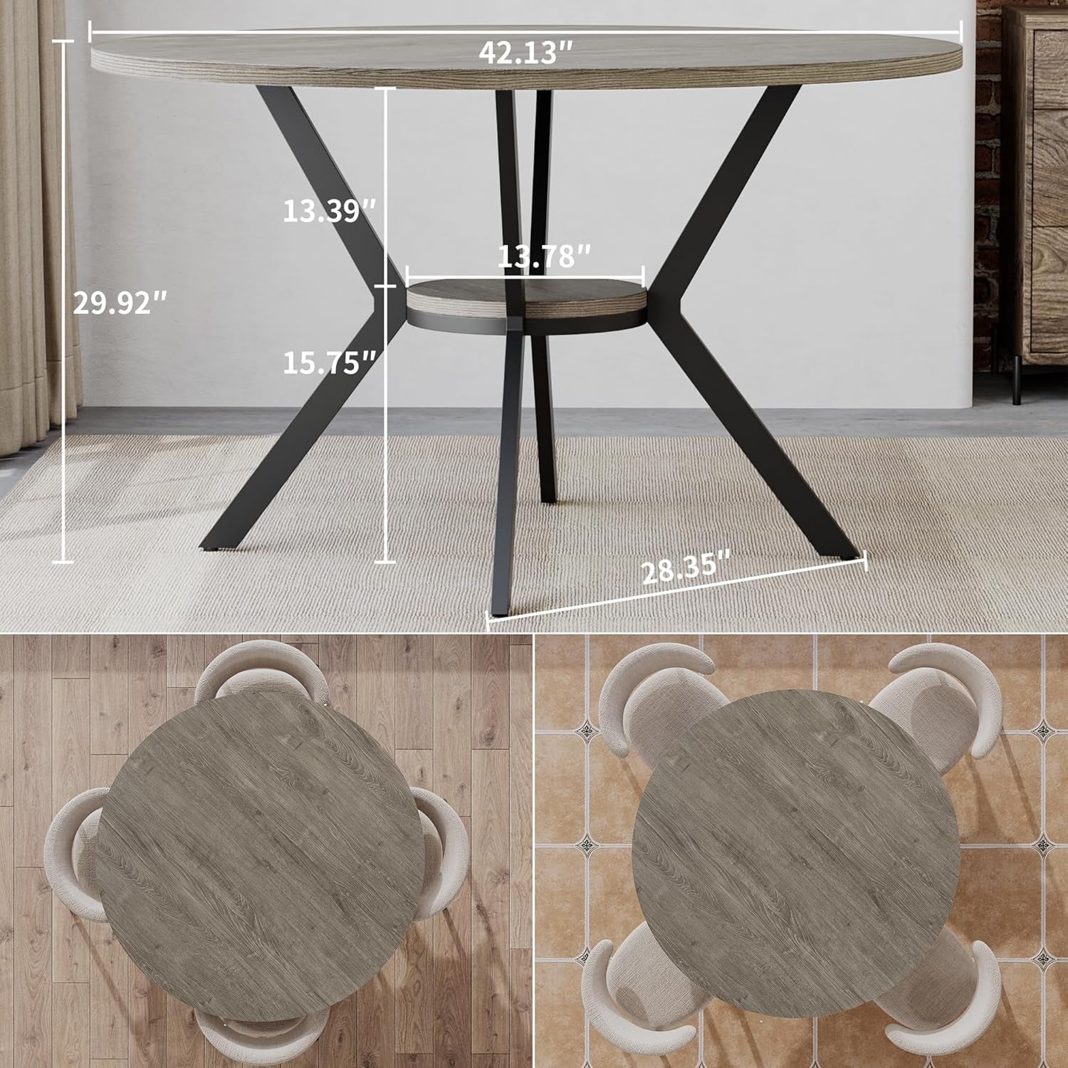 Side view with dimension overlays showing 42.13" diameter and 29.92" height of the round table