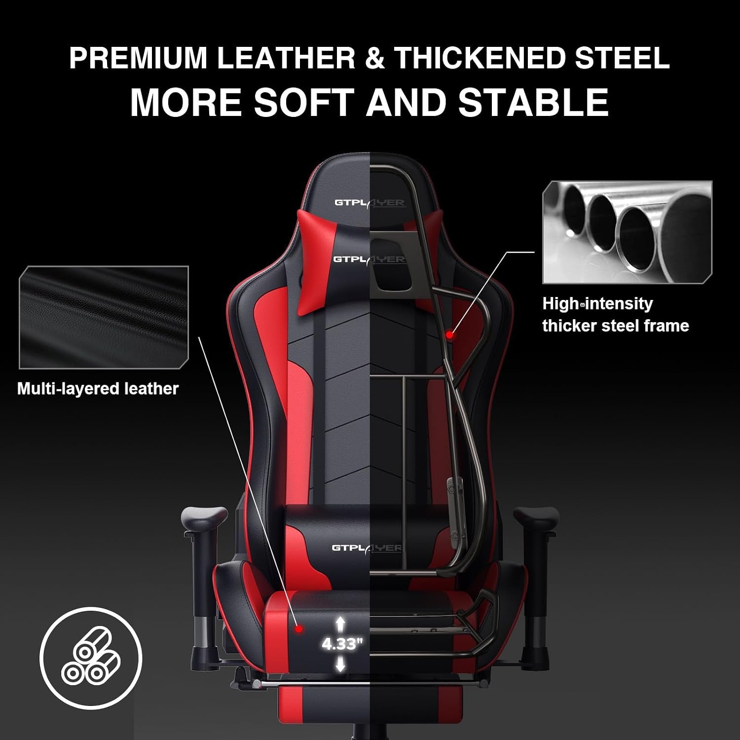 Front view split showing multi-layered leather texture and thicker steel frame callouts on black background