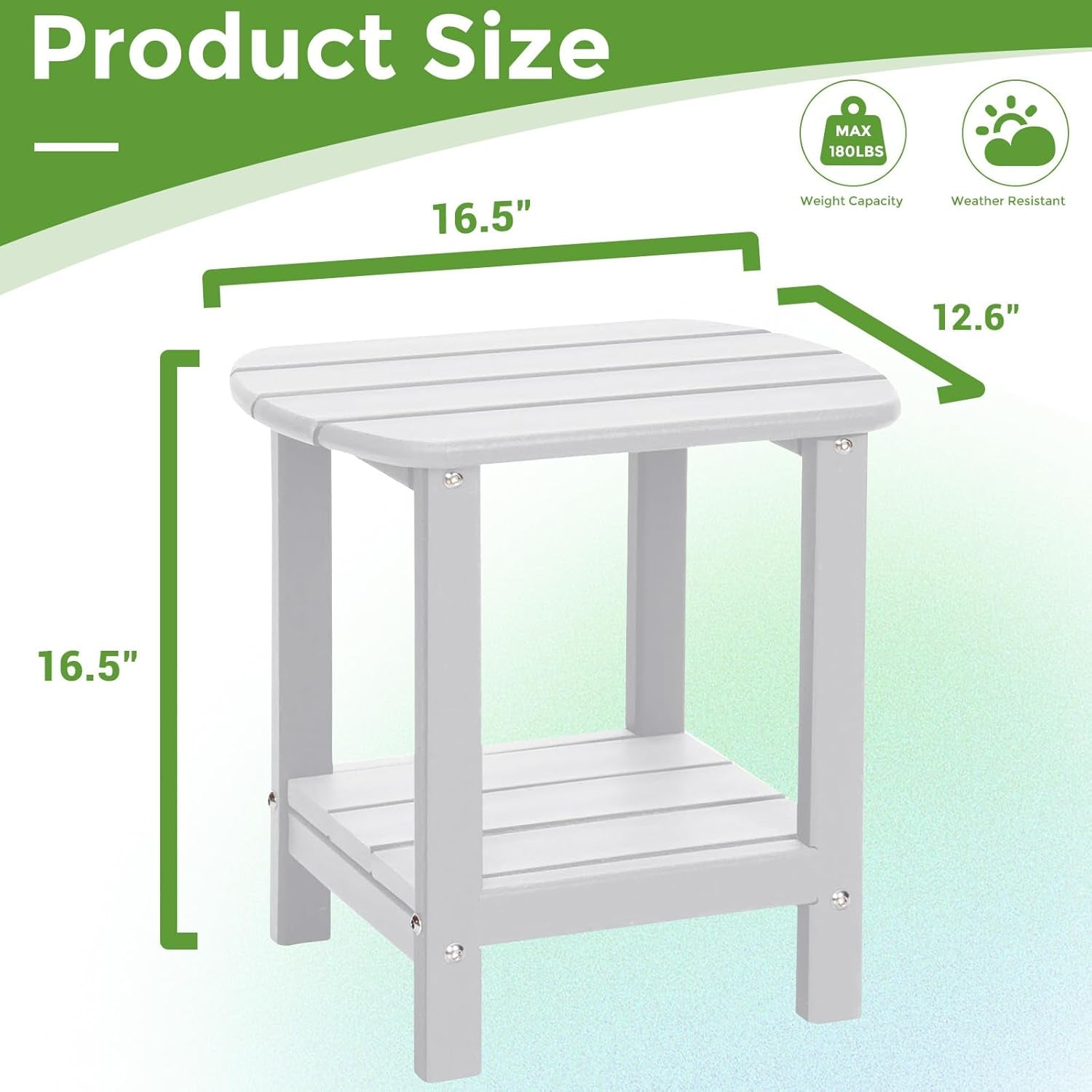 Dimensional graphic of the side table with 16.5 by 12.6 by 16.5 inch measurement callouts