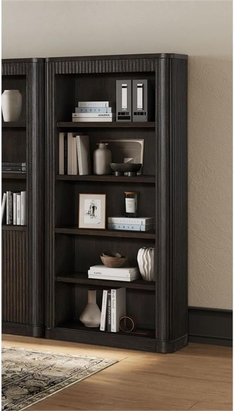 Brown executive open bookcase with shelves and fluted tambour side detailing shown front angled with decor