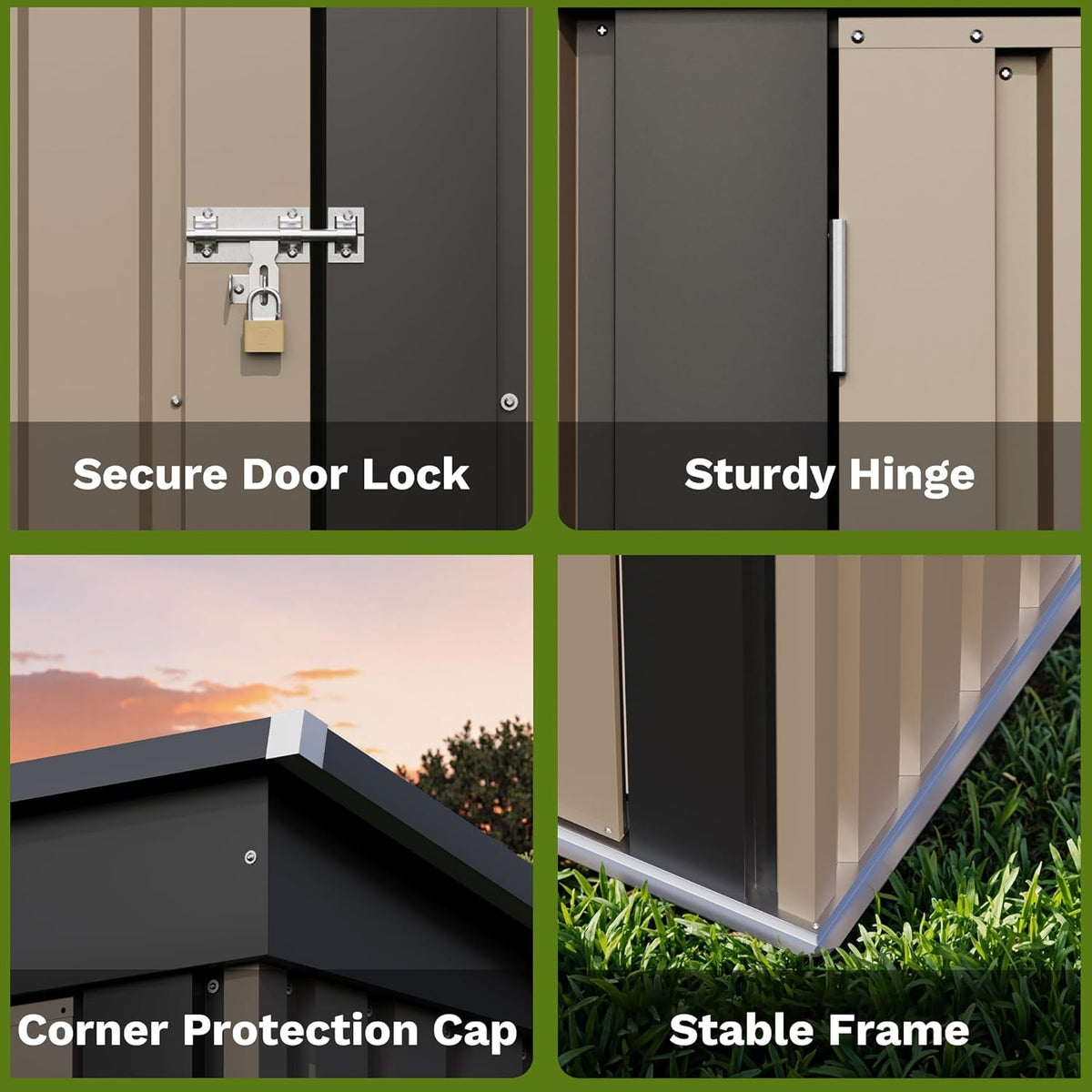 Four close-up panels showing lock latch, hinge, roof corner cap, and base frame on a brown metal shed