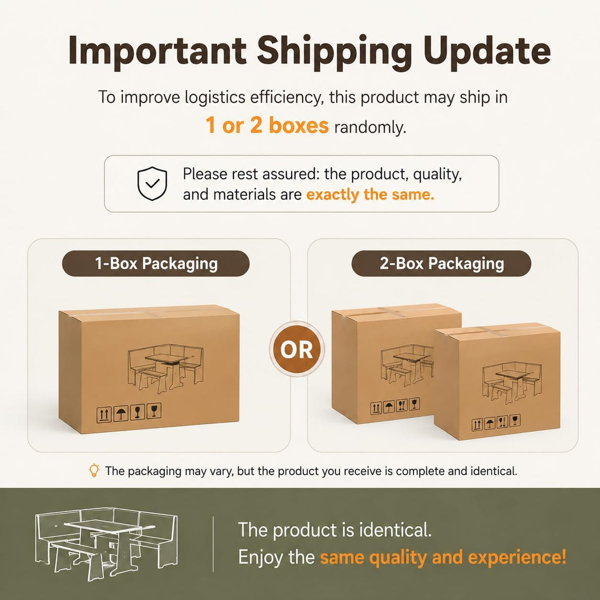 Graphic showing one-box and two-box packaging options for the dining set