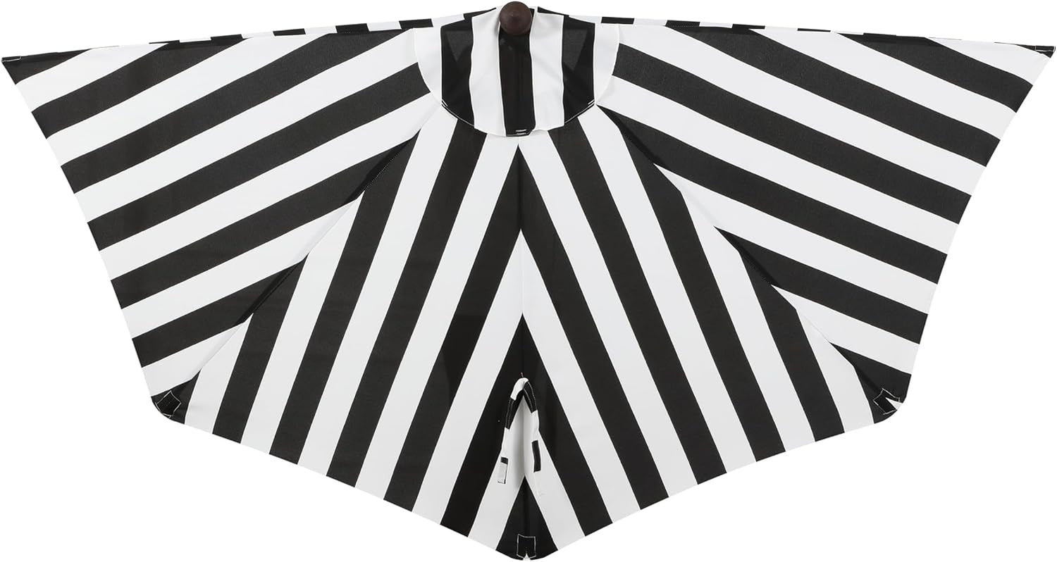 Flat-lay view of black and white striped half-umbrella canopy with diagonal stripes meeting at center
